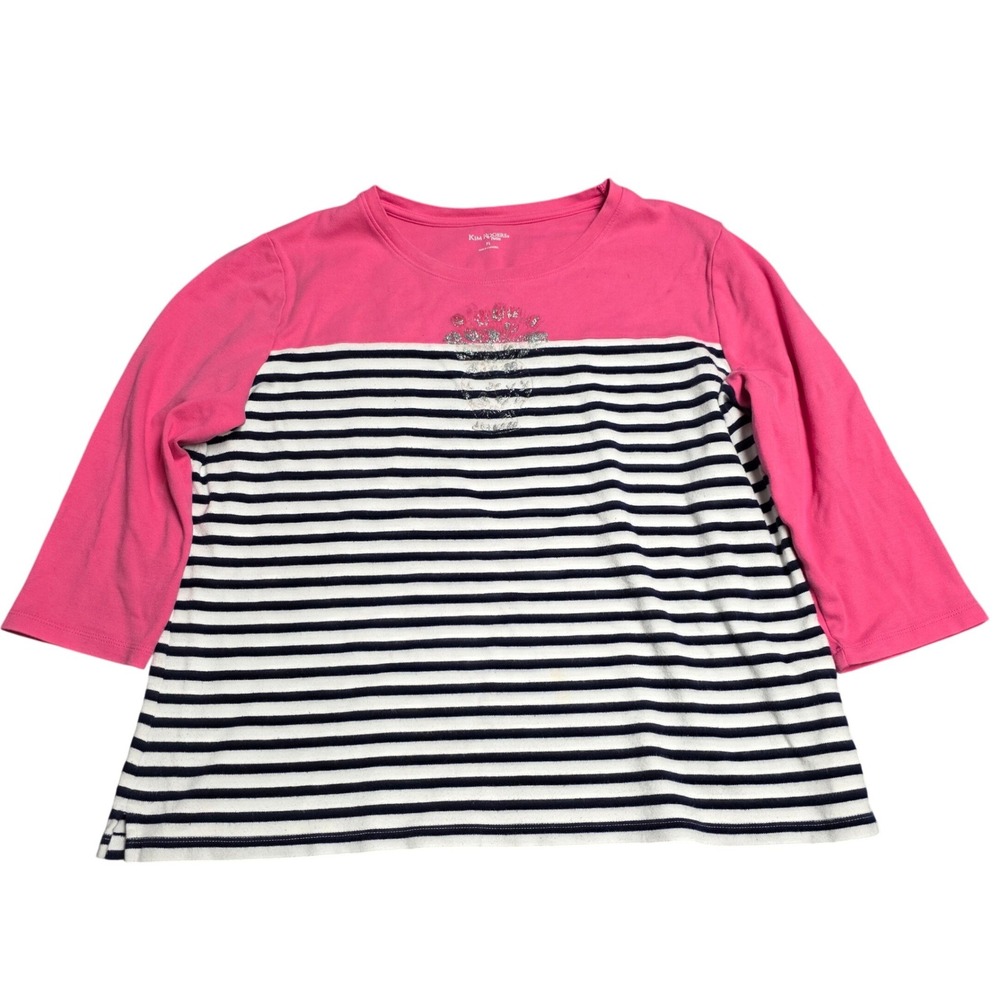 Kim Rogers Petite Striped Floral Top Womens Size PL Pink Navy 3/4 Sleeve Glitter
